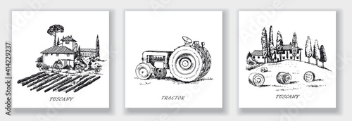Cards with Rural landscape. Tuscany. Italy. Vector illustration.