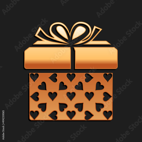 Gold Gift box and heart icon isolated on black background. Packaging Valentine's Day. Beautiful festive box tied with ribbon and bow on top. Long shadow style. Vector.