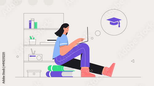 Student learning online at Home. Young woman sits on a stack of books and studies online on a laptop. Flat style vector illustration. The concept of distance learning.