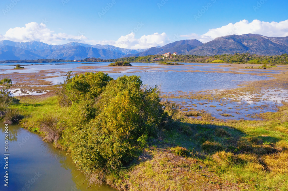 Beautiful wetland landscape. Montenegro, Tivat. View of Tivat Salina  ( Tivatska Solila ) on sunny spring day