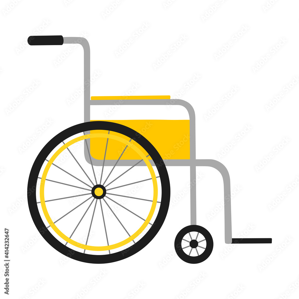 Vector illustration isolated on white background. Yellow wheelchair in the hospital. Cartoon flat style object. Design for sign, medical service, hospital, icon. Vector illustration isolated on white background. Yellow wheelchair in the hospital. Cartoon flat style object. Design for sign, medical service, hospital, icon.