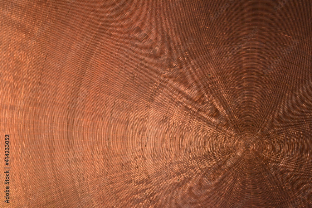 Fototapeta premium Helsinki, Finland, July, 23, 2014. Ceiling in Temppeliaukion Church made of copper wires. Metallic concentric copper rings or wires curved together into spiral flat surface