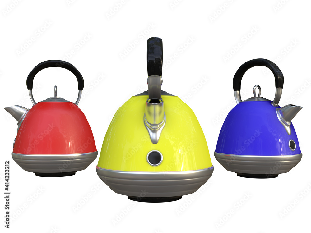 Obraz premium CLIPPING PATH 3D RENDER ILLUSTRATION. modern coffee tea pot kettle classic style on isolated white background . Electric kitchenware equipment minimal concept.