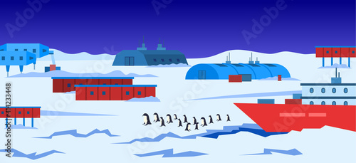 Cartoon Color Antarctic Polar Station and Landscape Scene Concept. Vector