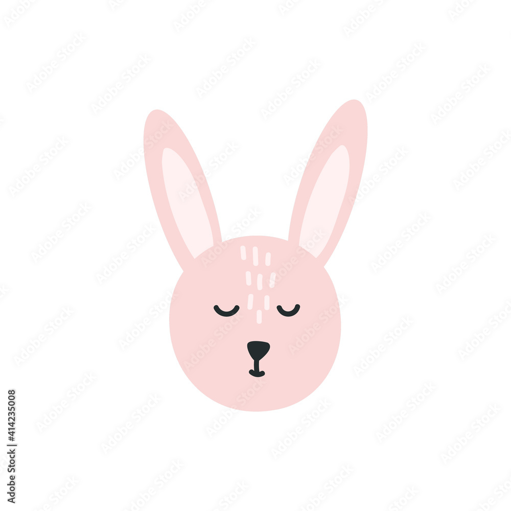Easter bunny cute face rabbit vector scandinavian illustration. Hand drawn color decorative doodle. Childish drawing. Vector for kids greeting card, t shirt baby, banner and poster