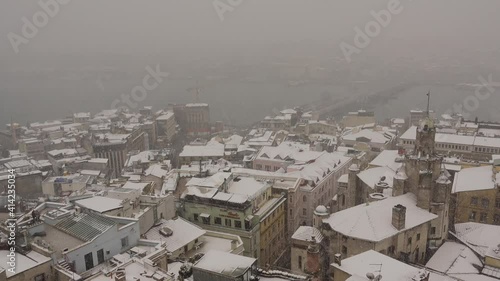 Aerial view of historic city in Istanbul on snowy day