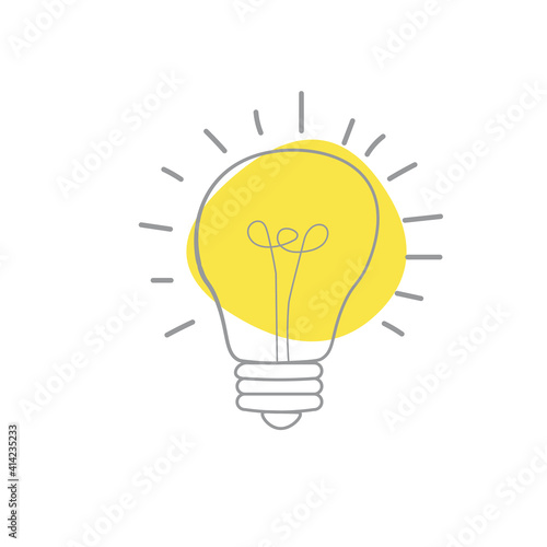 Hand drawn Vector light bulb icon with concept of idea. brainstorm and teamwork. Great idea eureka icon concept. Doodle hand drawn sign. Stock Vector illustration isolated on white background.