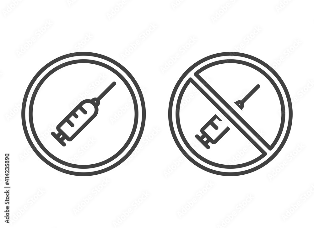 Syringe icon in a round frame. Image of permission and prohibition of injections. Isolated vector on a pure white background. Syringe icon in a round frame. Image of permission and prohibition of injections. Isolated vector on a pure white background.