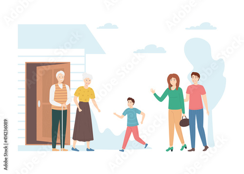 Cartoon Color Characters People Visiting Grandparents Concept. Vector
