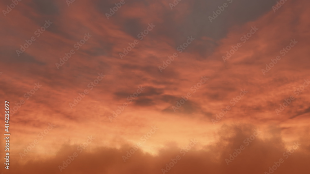 view to orange sunset sky with fluffy clouds