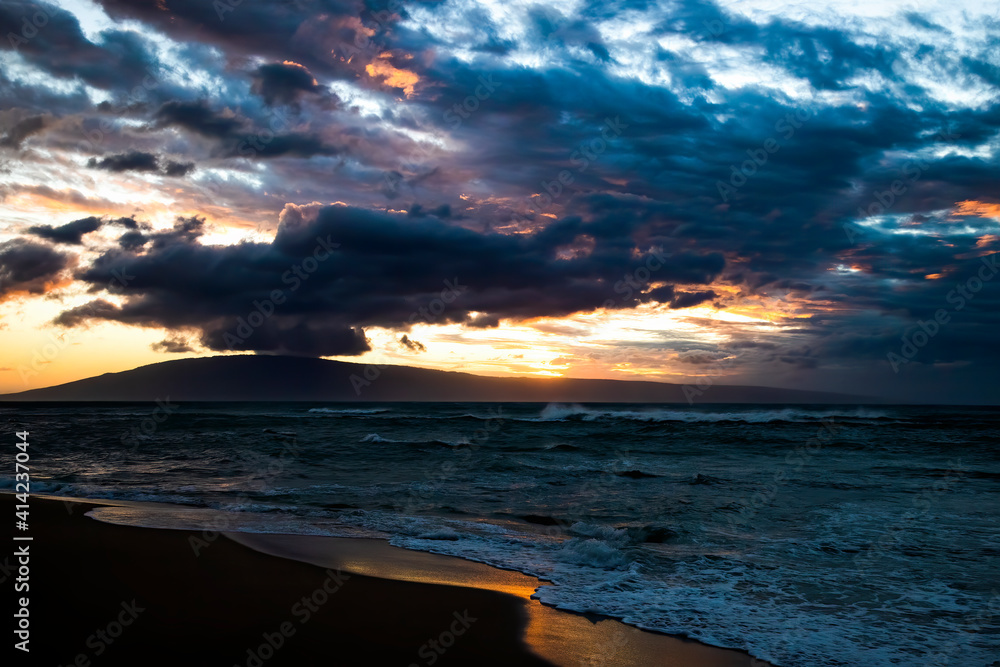 Dramatic Clouds and Sky Sunset over Stormy Sea with Island