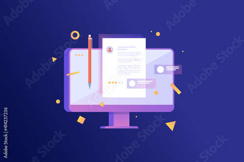 Computer monitor, pen, and resume-questionnaire on a blue background. Online job search and selection of vacancies. Modern digital technologies. Applying for a job, vector illustration.