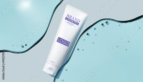 Cosmetic products with water gel. Vector realistic brand poster with skincare gel, cream, perfume or makeup cosmetics, advertising.3D vector illustration.