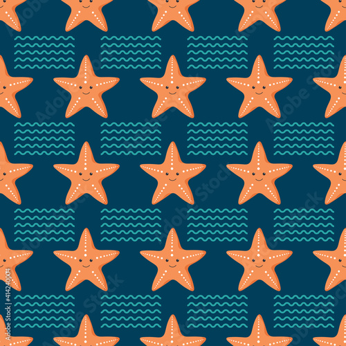 Seamless pattern with cute starfish. Vector illustration in flat style. Seamless background on a marine theme for children