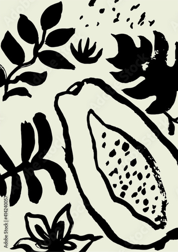  Black ink wash art with papaya and floral elements on the beige isolated background. 