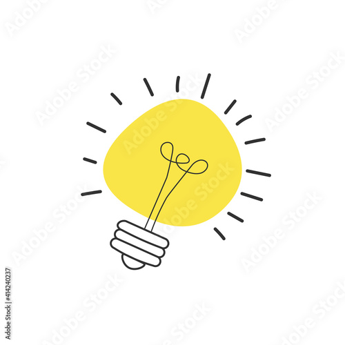 Hand drawn Vector light bulb icon with concept of idea. brainstorm and teamwork. Great idea eureka icon concept. Doodle hand drawn sign. Stock Vector illustration isolated on white background.
