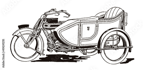 Antique motorcycle with sidecar in side view, after graphic from early 20th century