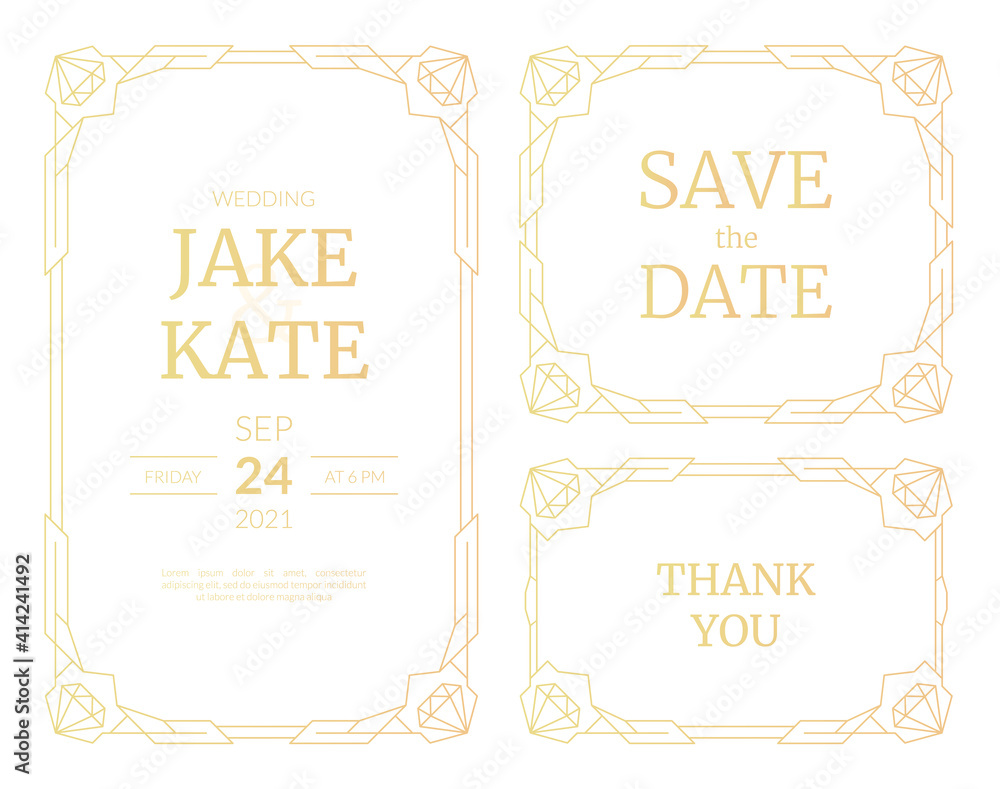 Vector illustrations set of luxury wedding invitation cards with gold gradient. Gold frame. Line art deco vintage geometric pattern wedding template for save the date cards with jewelry stone corners Vector illustrations set of luxury wedding invitation cards with gold gradient. Gold frame. Line art deco vintage geometric pattern wedding template for save the date cards with jewelry stone corners
