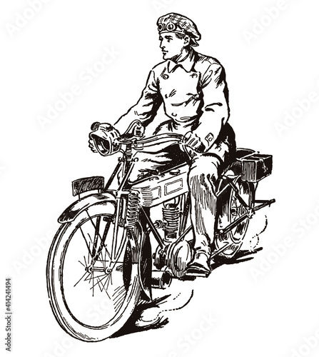 Man from the early 20th century riding an antique motorcycle, in three-quarter view, after an illustration from the early 20th century