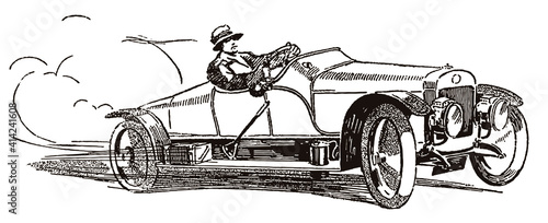 Man from the early 20th century driving antique cyclecar at high speed, after a sketch from the early 20th century photo