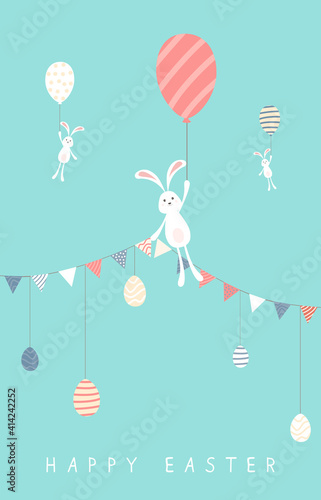 Easter Rabbits with Eggs and Pennants on Blue Sky