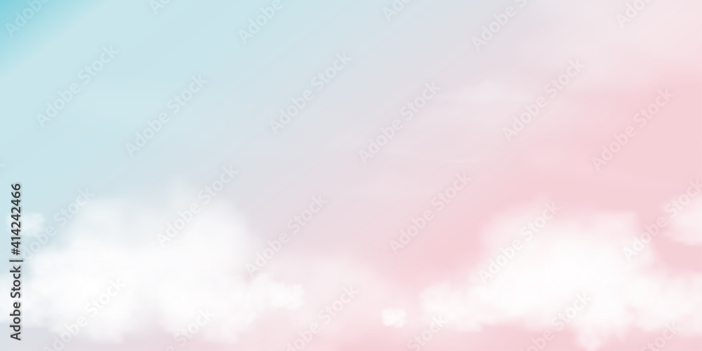 Pink and Blue pastel sky background, Vector illustration colour sky with white fluffy clouds, Horizontal banner Sweet background for spring or Summer holiday