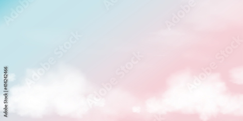 Pink and Blue pastel sky background, Vector illustration colour sky with white fluffy clouds, Horizontal banner Sweet background for spring or Summer holiday