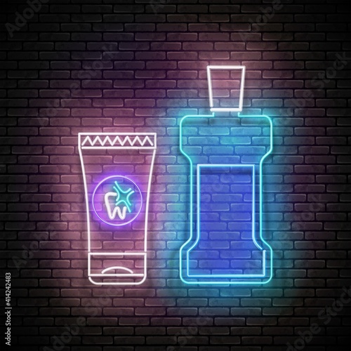 Glow Toothpaste Tube and Mouthwash Bottle, Personal Care Product. Healthcare Concept Template. Neon Light Poster, Flyer, Banner, Signboard. Brick Wall. Vector 3d Illustration