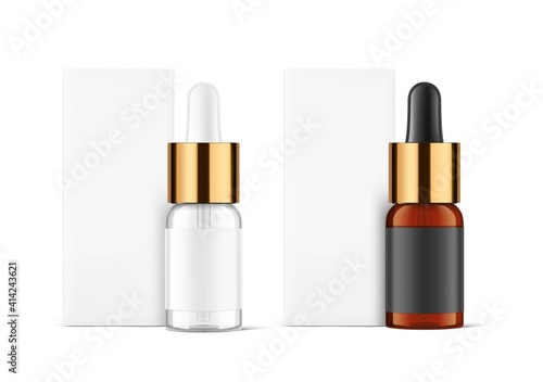 Dropper bottle with metal cap mockup isolated on white background. Vector illustration. Front view. Сan be used for cosmetic, medical and other needs. EPS10 