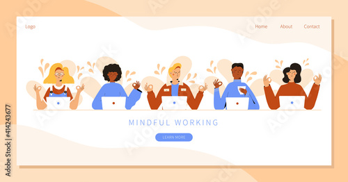 Set of Business people Meditating, Practicing Yoga Meditation at Workplace Sitting in front of laptop. Landing page with Office workers or freelancers relax and meditate. Positive, Mind Tranquility