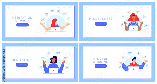 Set of landing pages with Business people Meditating at Workplace Sitting in front of laptop with calendar, clock, email, text message, documents on background. Office workers or freelancers relax.