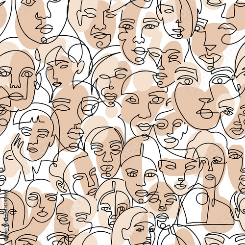 Colored vector seamless pattern. Modern abstract female faces one line art. Contemporary hand drawn outline trendy illustration. Continuous line, minimalistic concept.