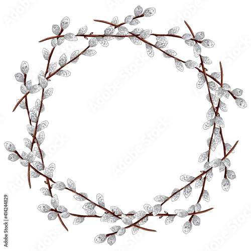 Watercolor Pussy Willow Wreath isolated on white background, Easter frame design.