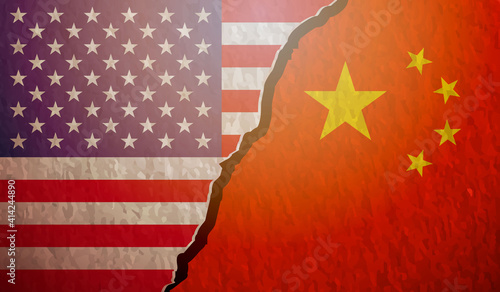 USA VS China Flag on Wall Texture Vector Illustration