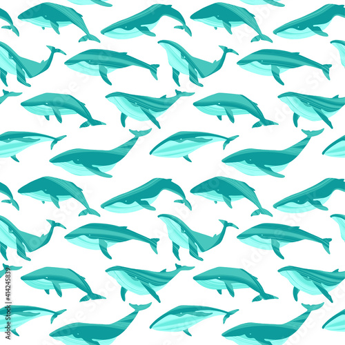 Decorative vector seamless pattern with whales. Ocean animals in trendy flat style.