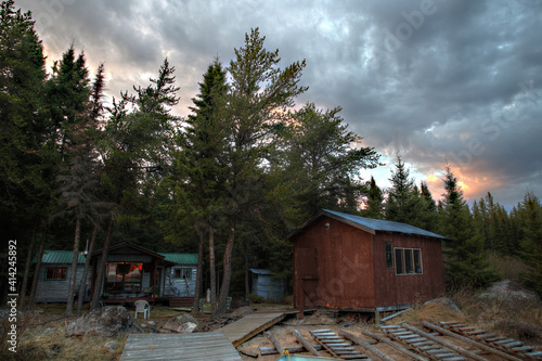 Fishing Cabin in the woods Fishing fly in outpost Ontario Canada wilderness