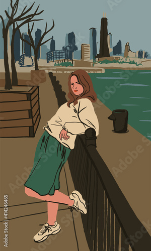 Young woman are standing on pier in Chicago city. Beautiful girl model posing on skyline view with skyscrapers. Vacation, tourism and travelling on America concept. Fashion vector illustration