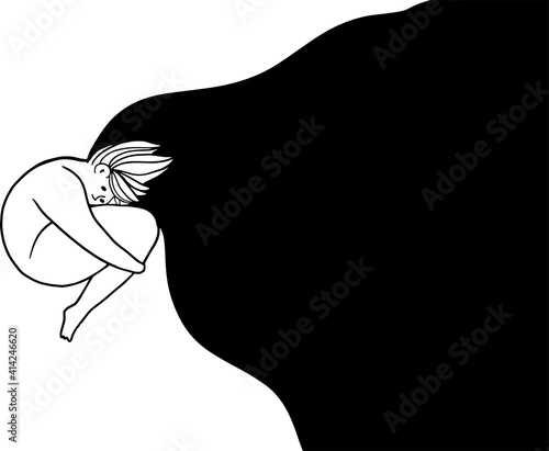 Depressed woman with flying hair is hugging her self. Young sad teenage girl with obesity hugging her knees and falling down into depression. Mental health problem concept. Vector iluustration