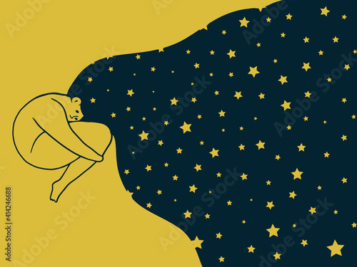 Depressed woman have a flying hair and stars in it. Young sad teenage girl with obesity hugging her knees. Mental health, selfcare concept. Vector iluustration in flat style