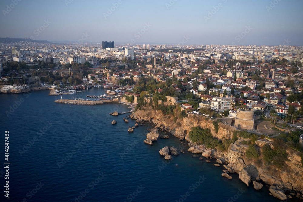 Aerial panoramic view of Mediterranean sea and resort town. Antalya, Turkey.
