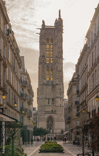 Paris, France - 02 12 2021: Panoramic view of the Saint-Jacques Tower from Nicolas Flamel Street photo