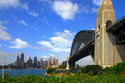 A picturesque view of downtown Sydney across Darling Harbour, with the Sydney Harbour Bridge on the right