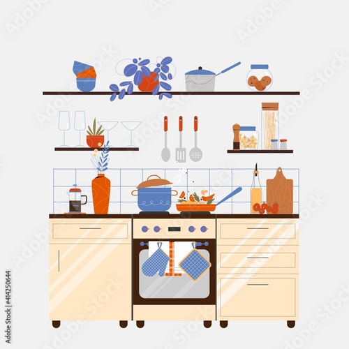 Modern kitchen interior with furniture, shelves, stove, pan and pot, food. Vector illustration in flat retro style
