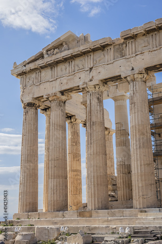 Picturesque view of Parthenon Temple (432 BC) dedicated to the goddess Athena at Acropolis hill. Athens, Greece.