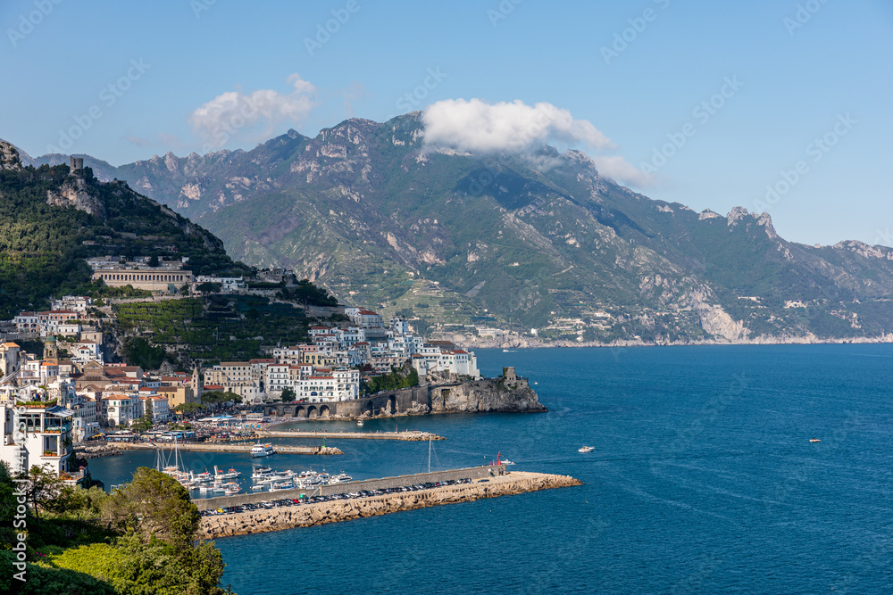 Rocky shore in world famous Amalfi coast. Unesco World heritage site. Campania, Italy.
