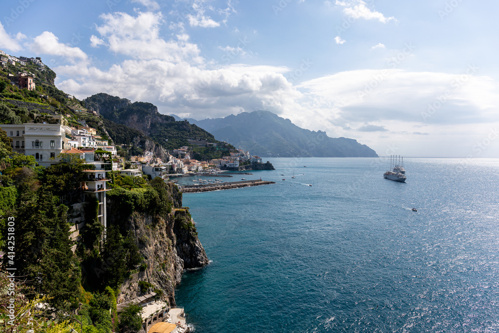 Rocky shore in world famous Amalfi coast. Unesco World heritage site. Italy.