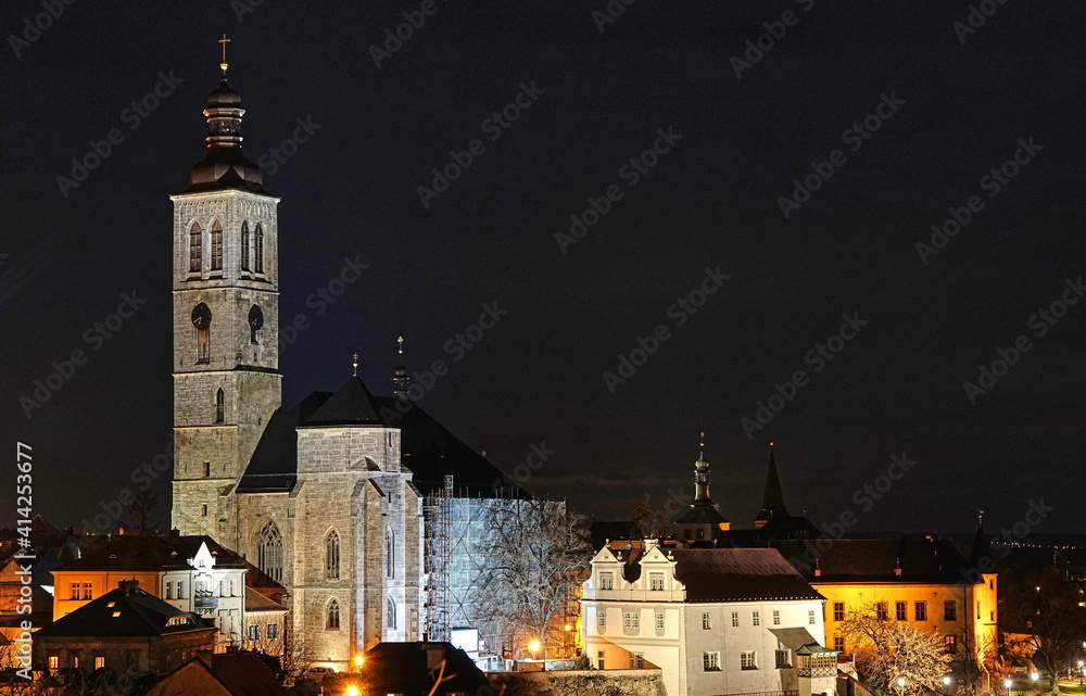 Saint Jacob church in Kutna Hora, Czech Republic, by night. UNESCO.