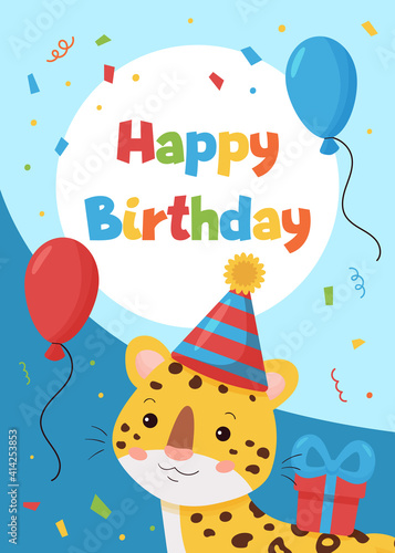 Vector greeting card with cute cartoon leopard. Happy Birthday postcard. Jungle animals. Ideal for printing on cards  invitations  banners  nursery decoration and posters.