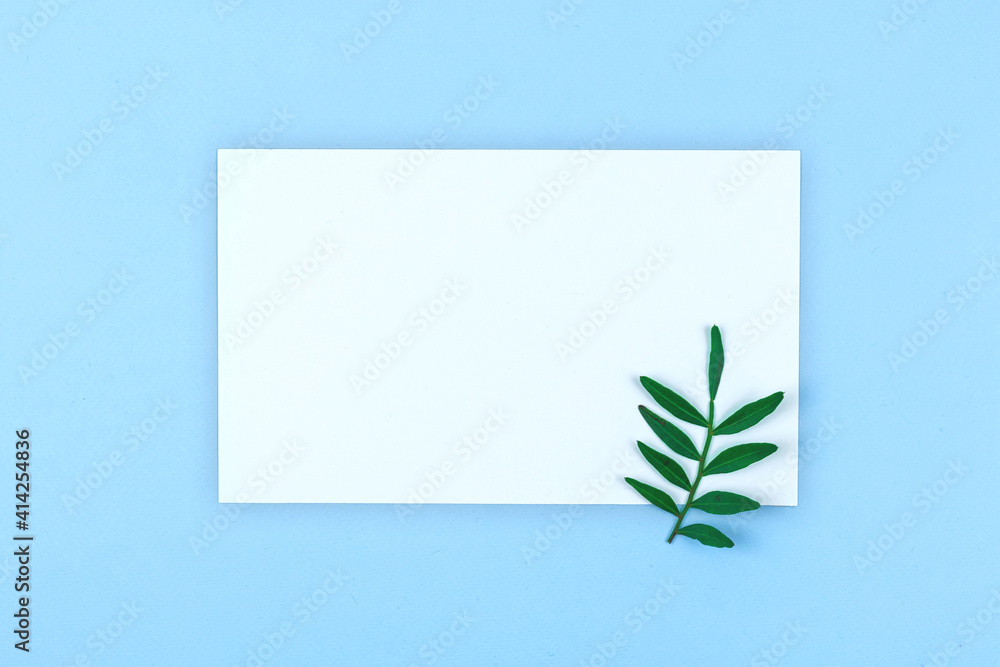 Wedding Invitation or greeting card mockup, blank template and copy space, pastel flat lay background with tropical branch and leaves Wedding Invitation or greeting card mockup, blank template and copy space, pastel flat lay background with tropical branch and leaves