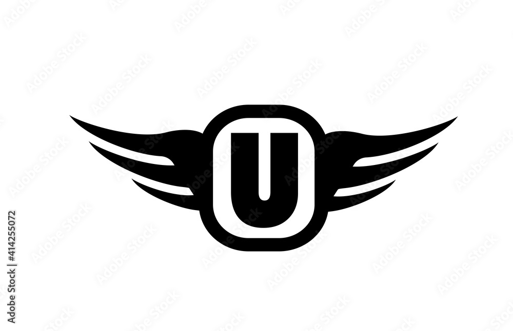 U alphabet letter logo for business and company with wings and black and white color. Corporate brading and lettering icon with simple design